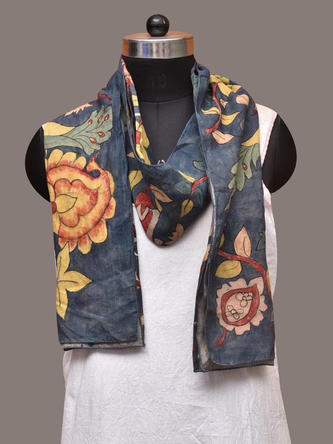Dark Grey Kalamkari Hand Painted Sico Stole with Floral and Peacocks Design ds3403