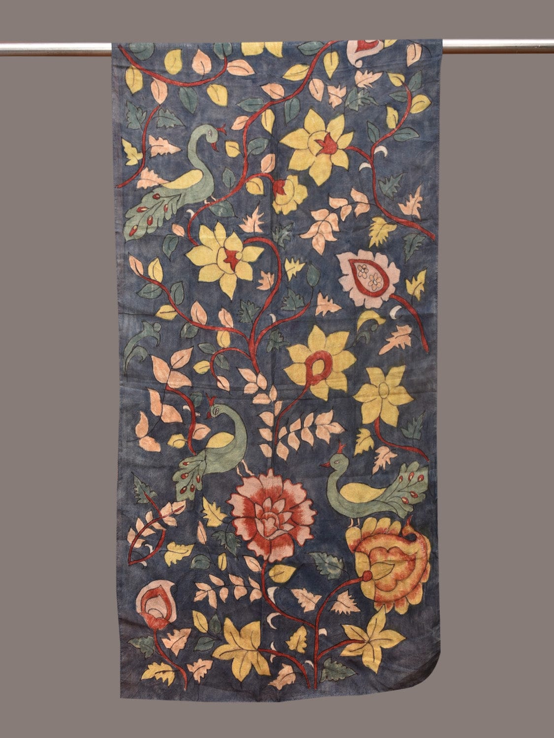 Dark Grey Kalamkari Hand Painted Sico Stole with Floral and Peacocks Design ds3403