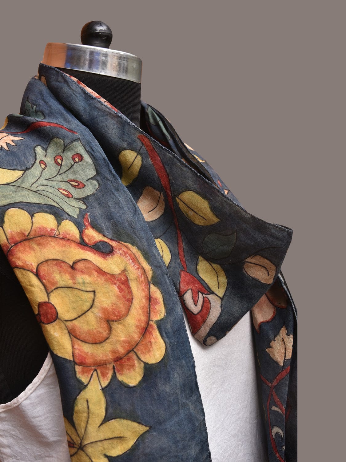Dark Grey Kalamkari Hand Painted Sico Stole with Floral and Peacocks Design ds3403