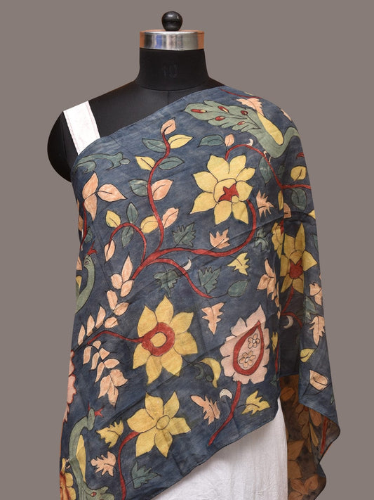 Dark Grey Kalamkari Hand Painted Sico Stole with Floral and Peacocks Design ds3403