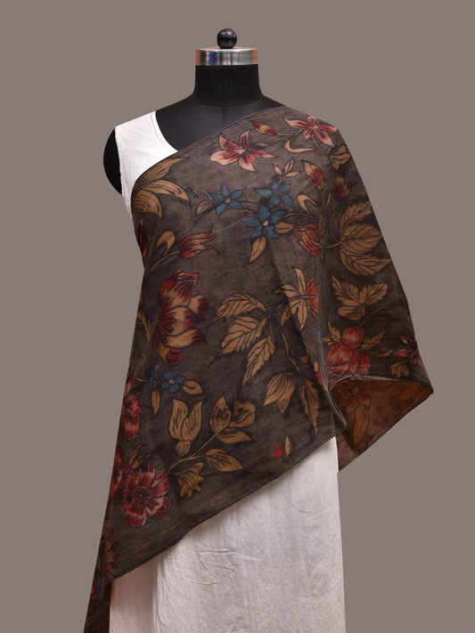 Dark Grey Kalamkari Hand Painted Sico Stole with Floral Design ds3639