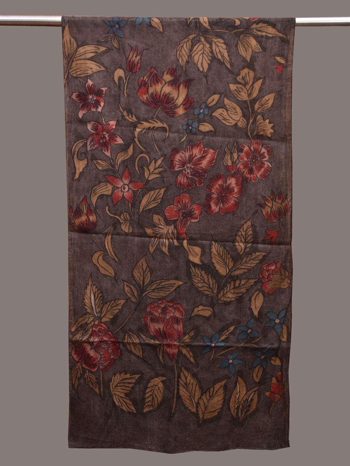 Dark Grey Kalamkari Hand Painted Sico Stole with Floral Design ds3639
