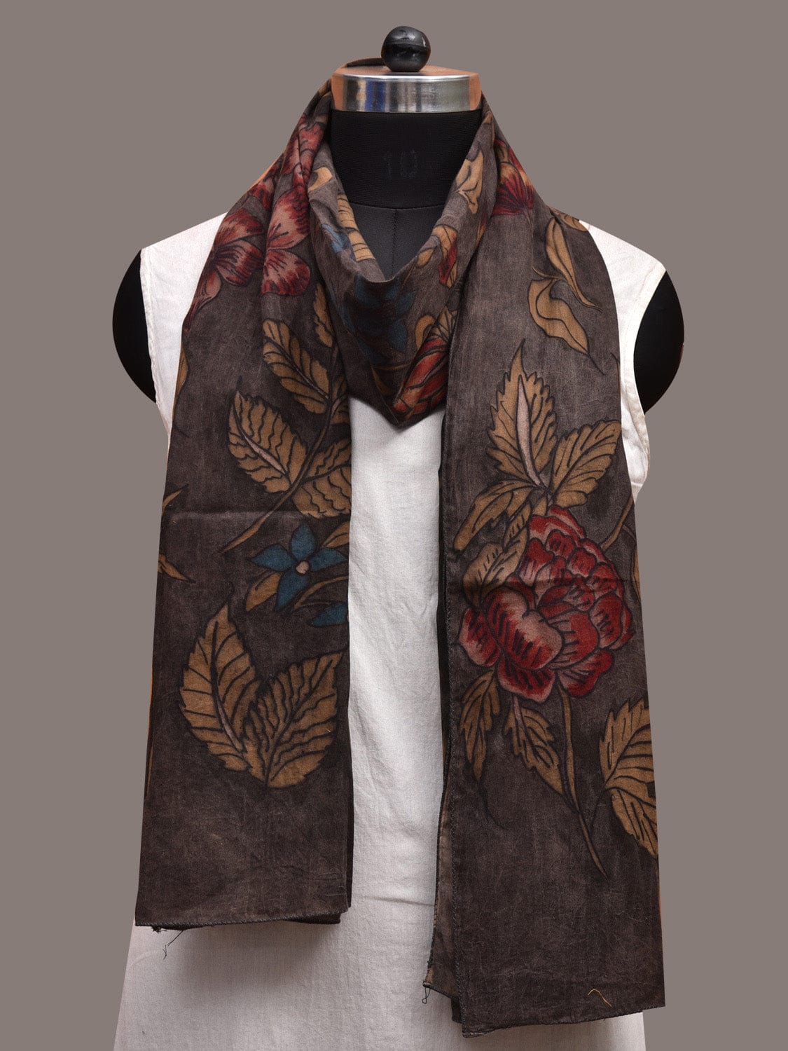 Dark Grey Kalamkari Hand Painted Sico Stole with Floral Design ds3639