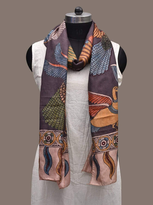 Dark Grey Kalamkari Hand Painted Silk Handloom Stole with Birds Design ds2338