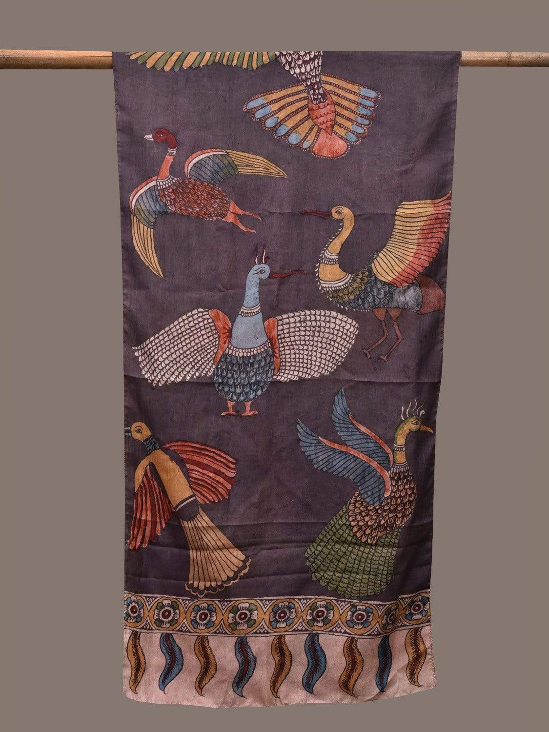 Dark Grey Kalamkari Hand Painted Silk Handloom Stole with Birds Design ds2338