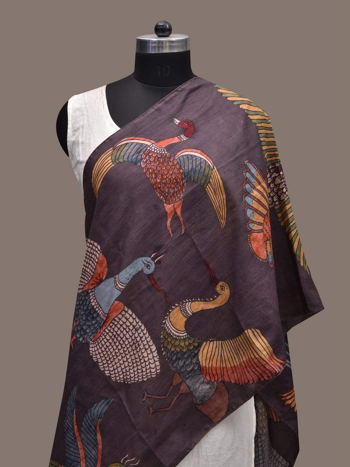 Dark Grey Kalamkari Hand Painted Silk Handloom Stole with Birds Design ds2338