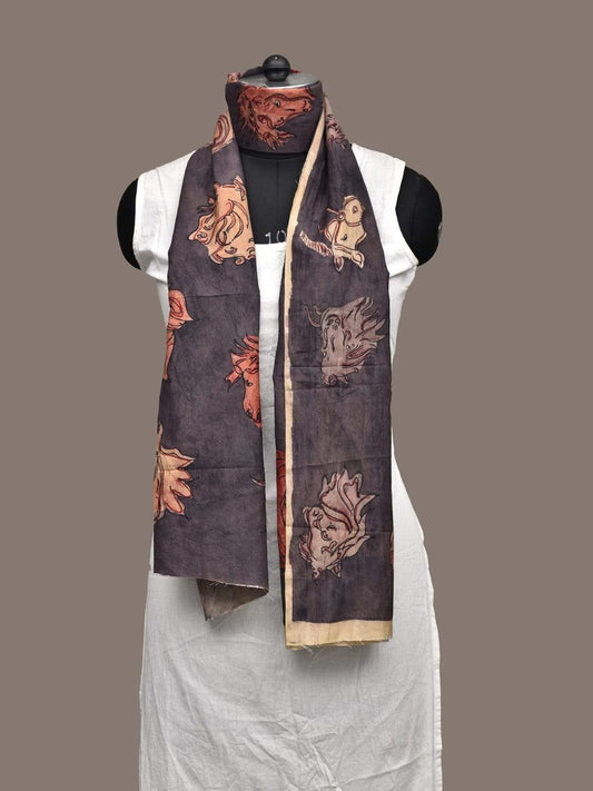Dark Grey Kalamkari Hand Painted Silk Handloom Stole with Horses Design ds2208