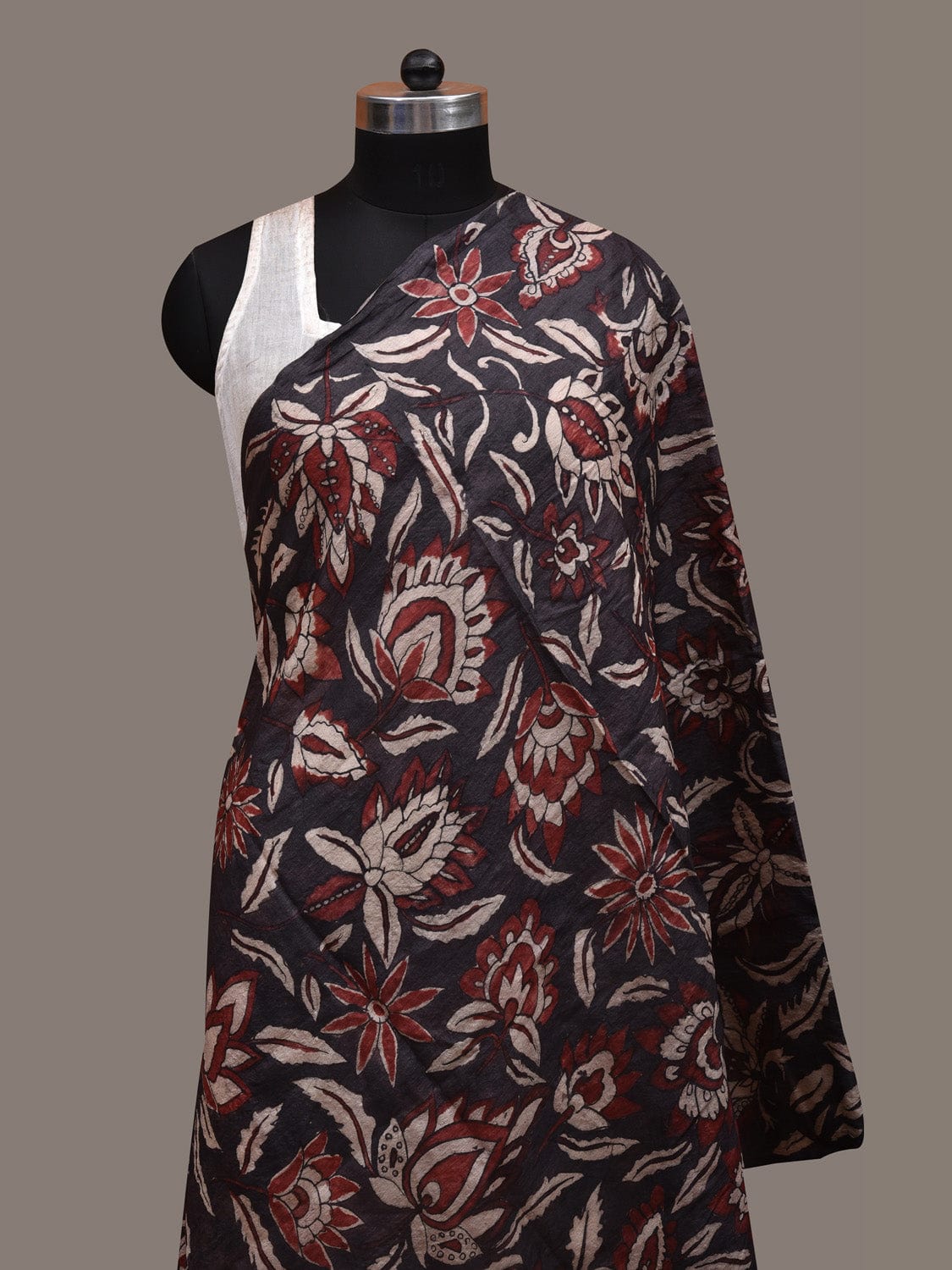 Dark Grey Kalamkari Hand Painted Tussar Handloom Dupatta with Floral Design ds2864