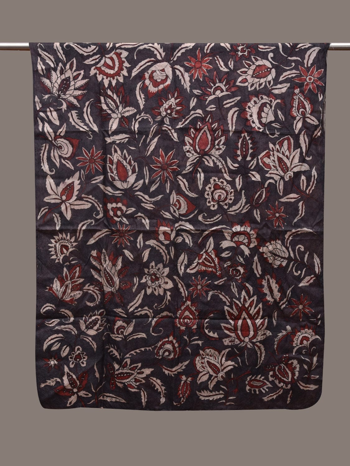 Dark Grey Kalamkari Hand Painted Tussar Handloom Dupatta with Floral Design ds2864