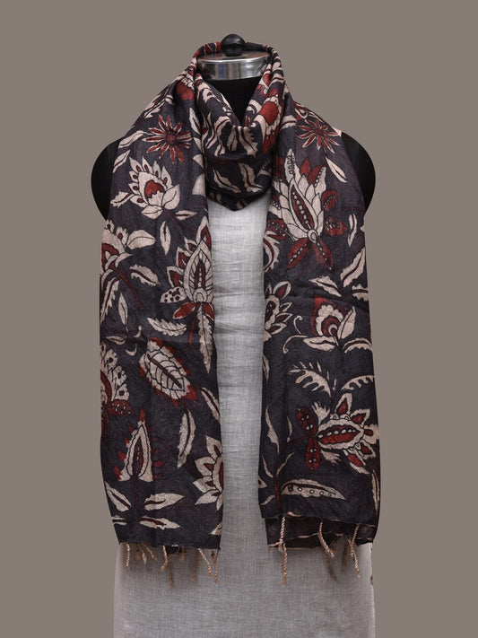Dark Grey Kalamkari Hand Painted Tussar Handloom Dupatta with Floral Design ds2864