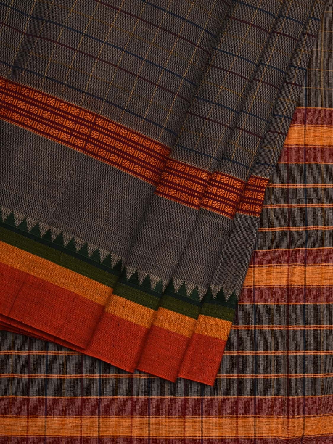 Dark Grey Narayanpet Cotton Handloom Saree with Checks Design No Blouse np0537