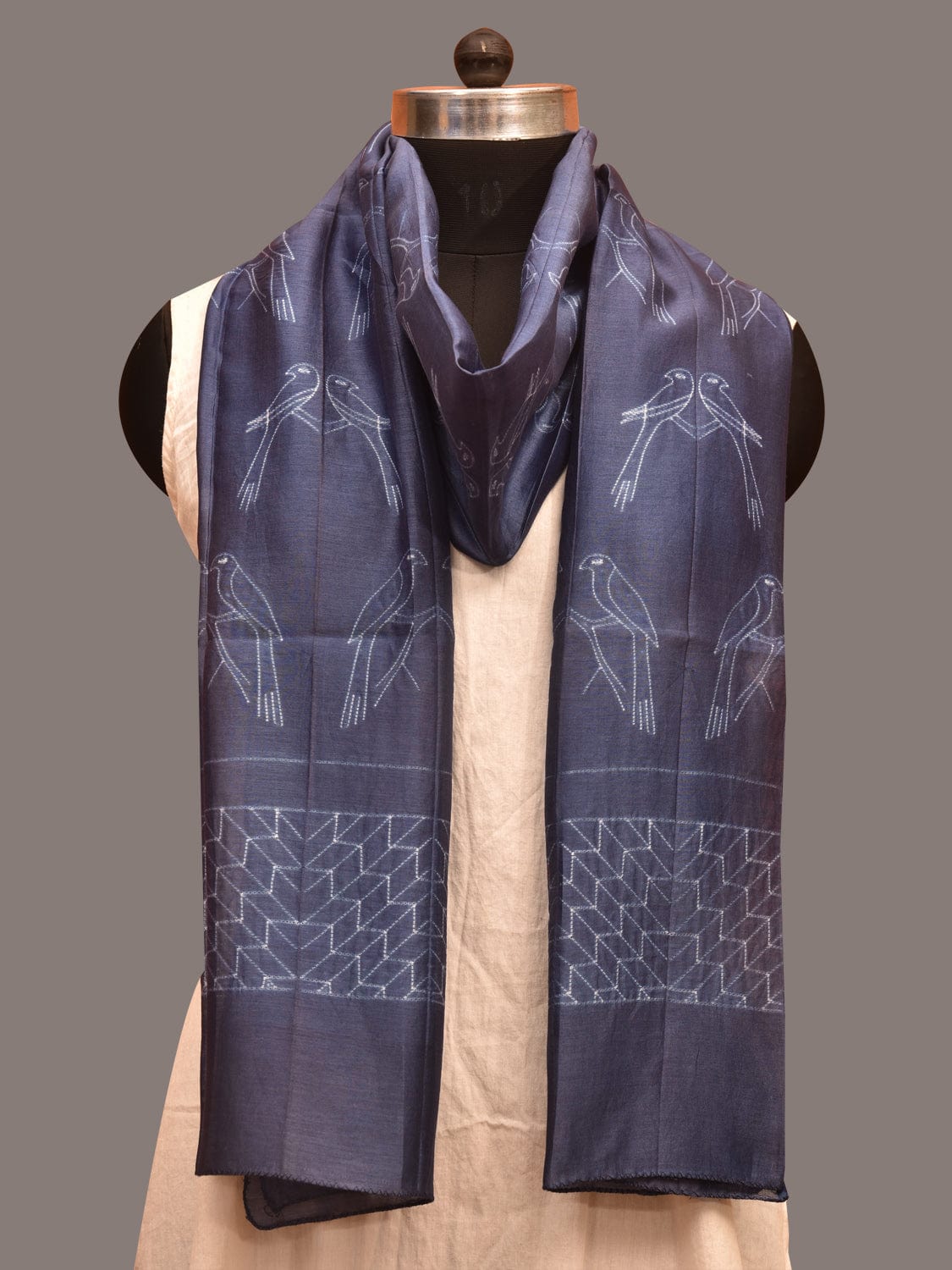 Dark Grey Shibori Sico Stole with Birds Design ds3601