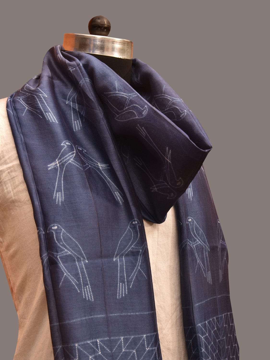 Dark Grey Shibori Sico Stole with Birds Design ds3601
