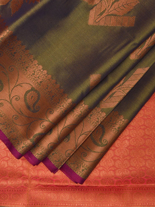 Dark Olive Katan Silk Saree with Border and Body Butta Design b0060ds
