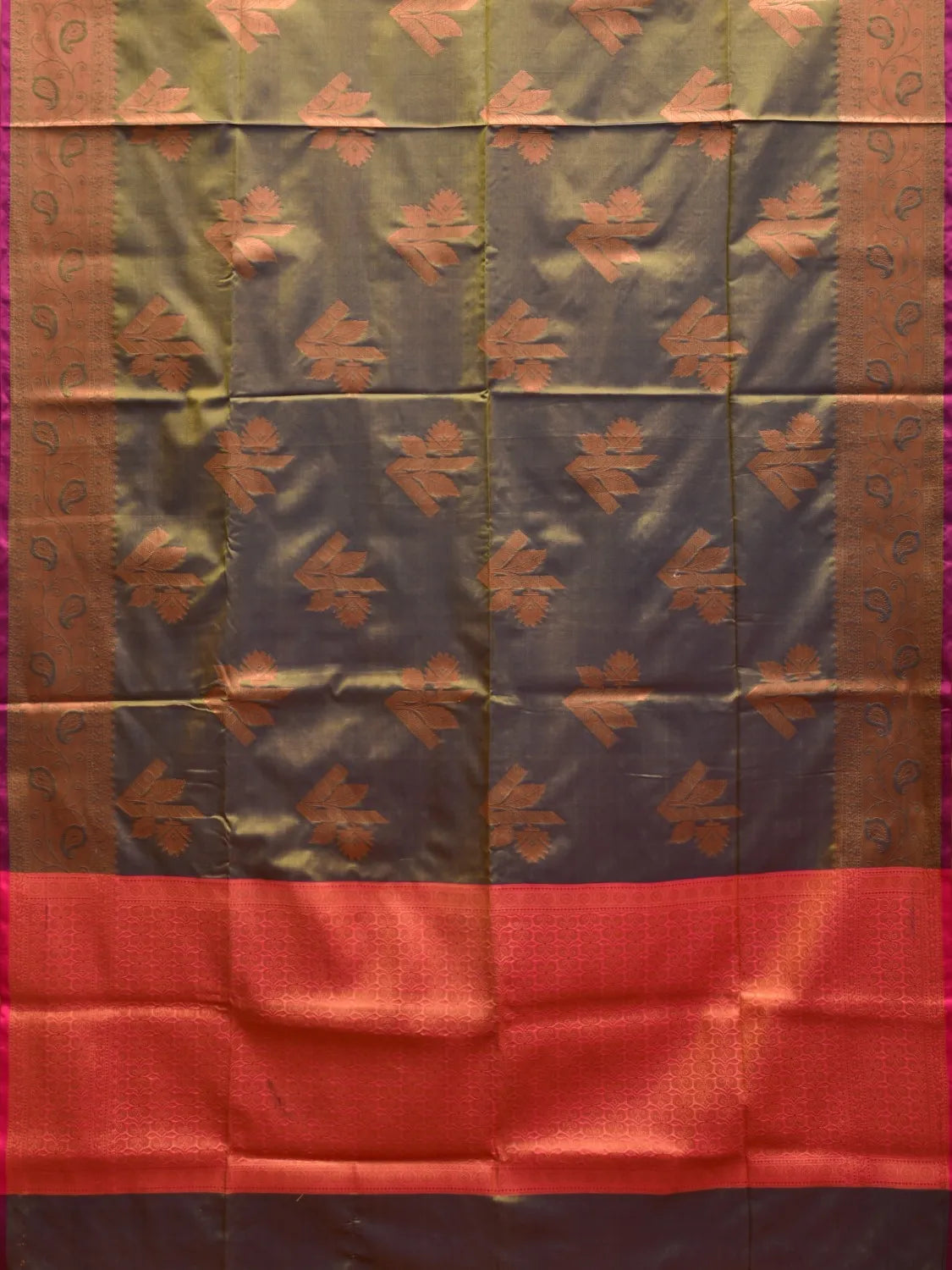 Dark Olive Katan Silk Saree with Border and Body Butta Design b0060ds