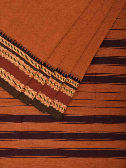 Dark Orange Bamboo Cotton Plain Saree with Strips Pallu Design No Blouse bc0756
