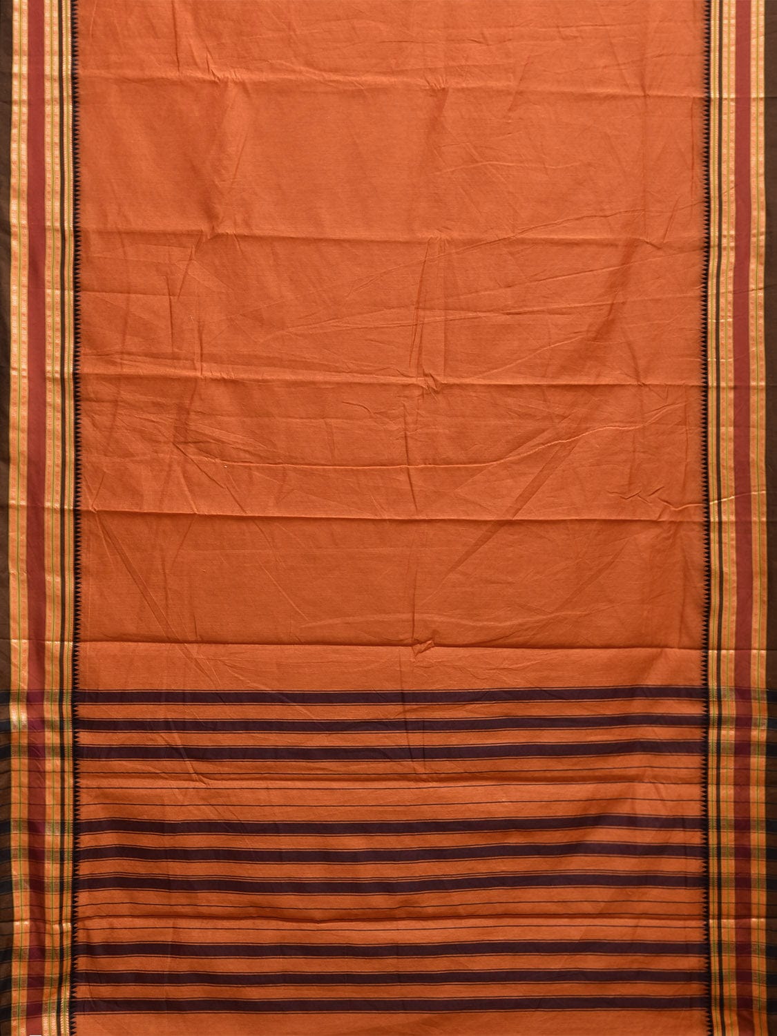 Dark Orange Bamboo Cotton Plain Saree with Strips Pallu Design No Blouse bc0756
