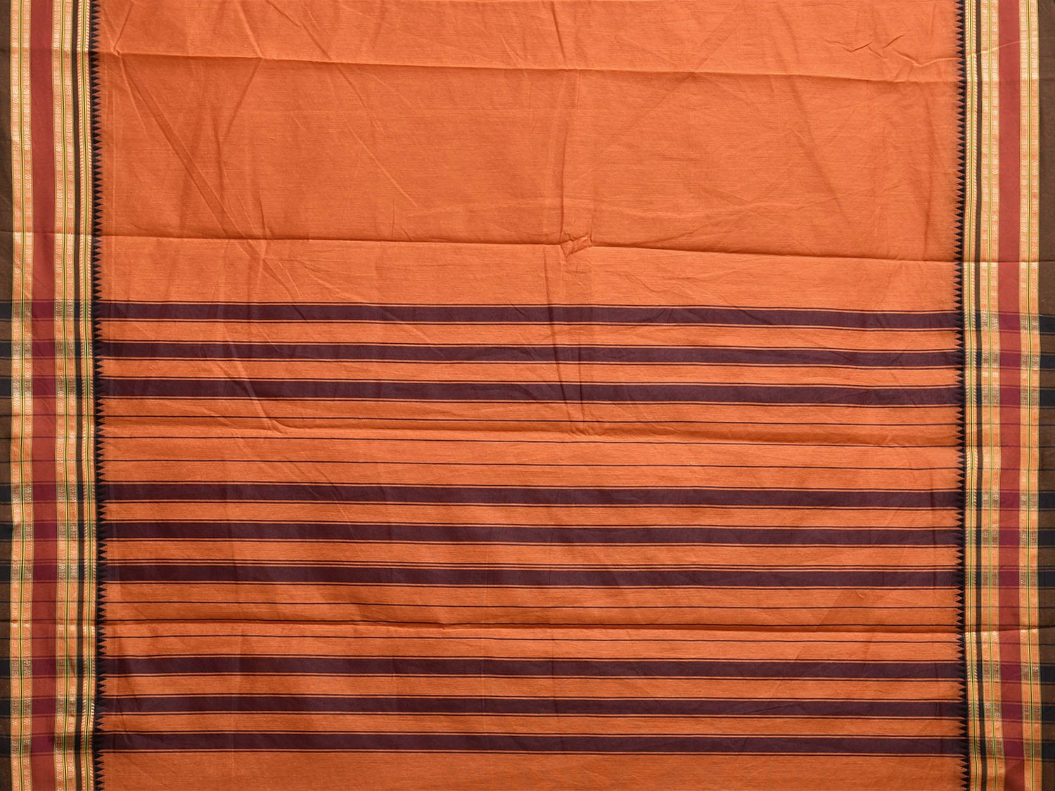 Dark Orange Bamboo Cotton Plain Saree with Strips Pallu Design No Blouse bc0756