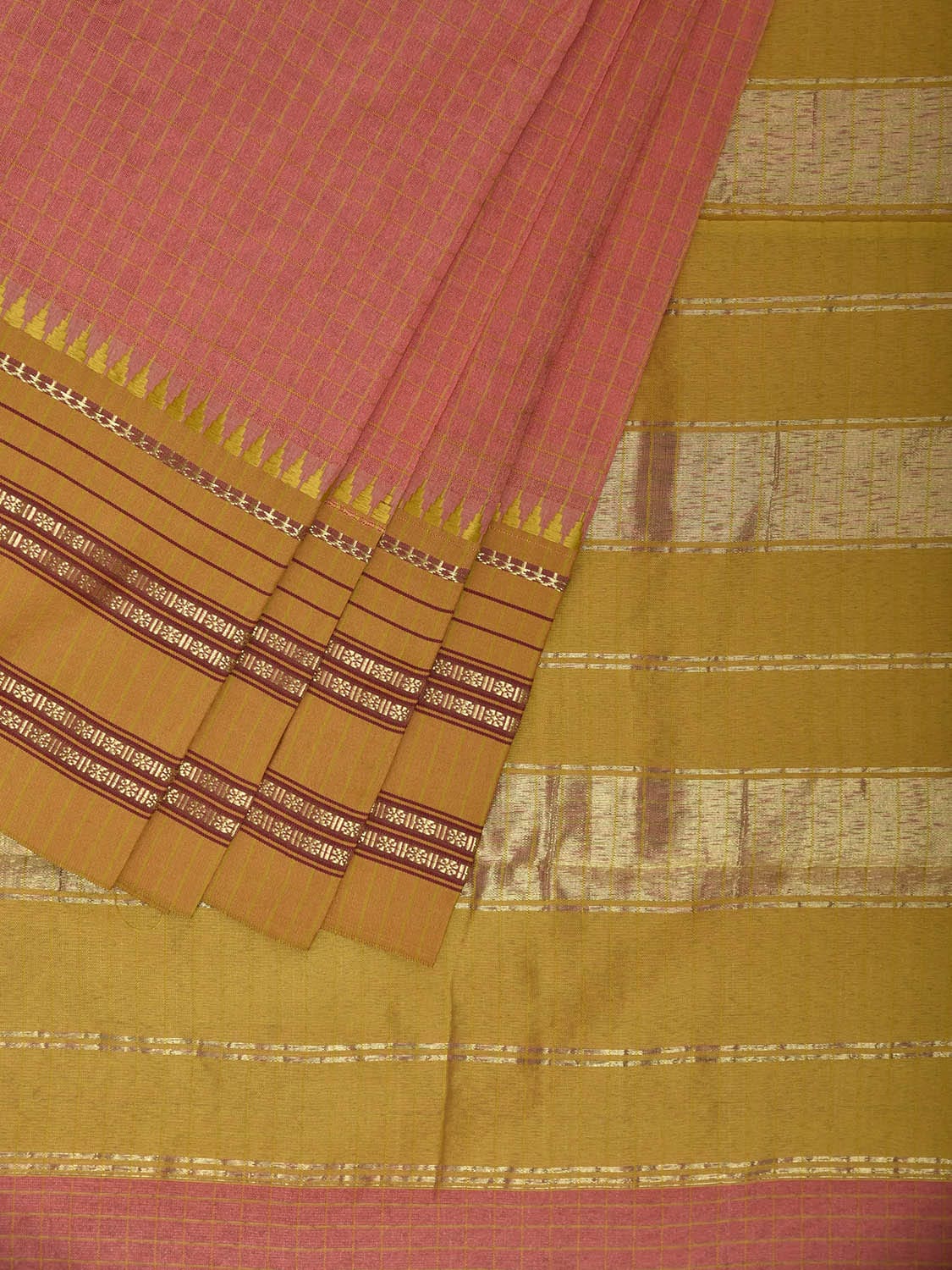 Dark Peach and Green Bamboo Cotton Viscose Silk Saree with Checks Design No Blouse bc0838