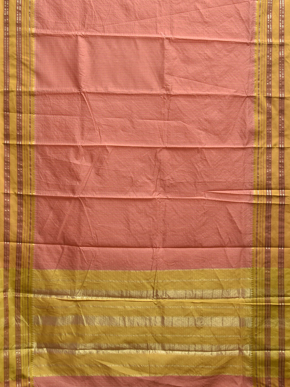 Dark Peach and Green Bamboo Cotton Viscose Silk Saree with Checks Design No Blouse bc0838