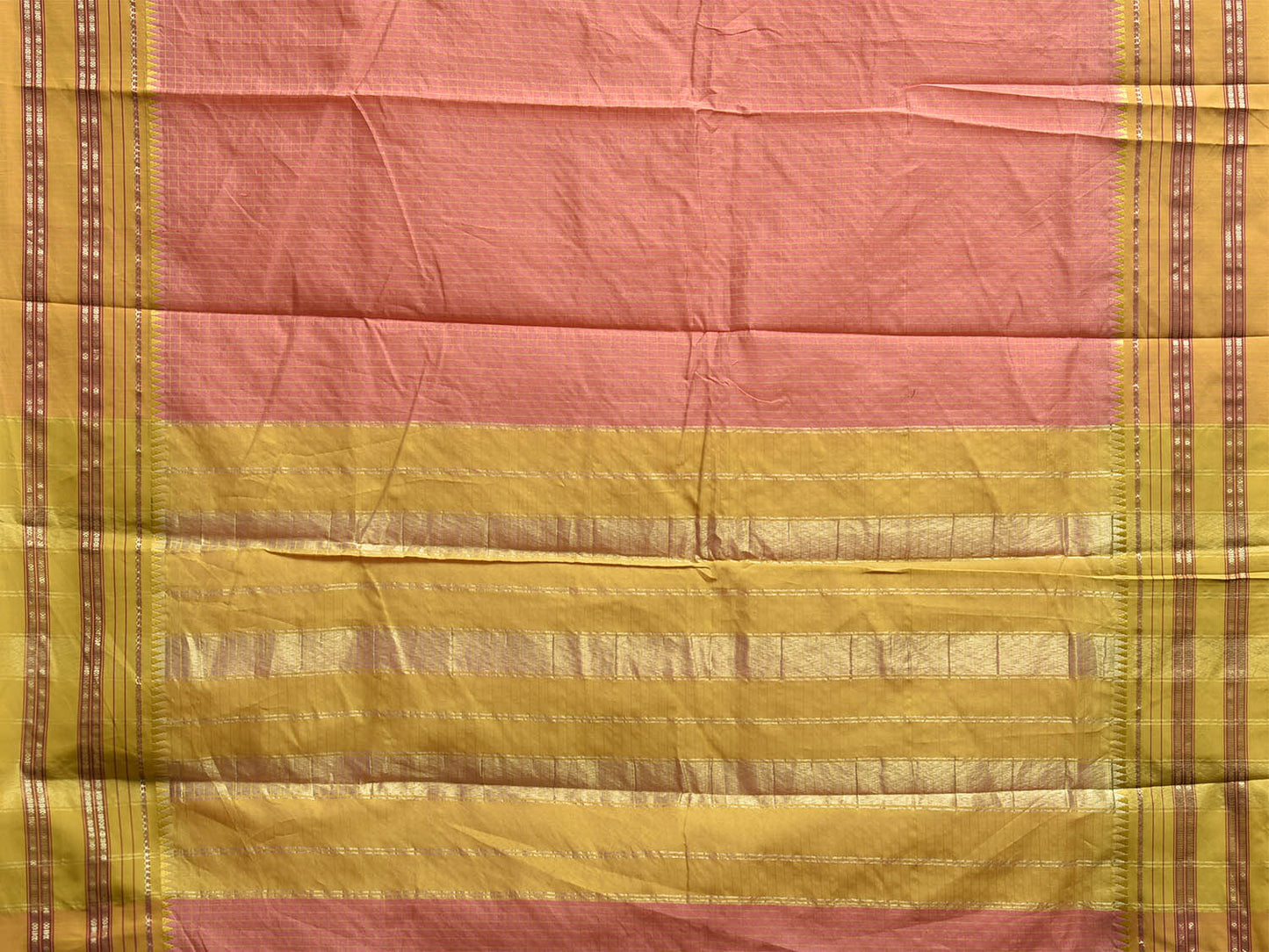 Dark Peach and Green Bamboo Cotton Viscose Silk Saree with Checks Design No Blouse bc0838