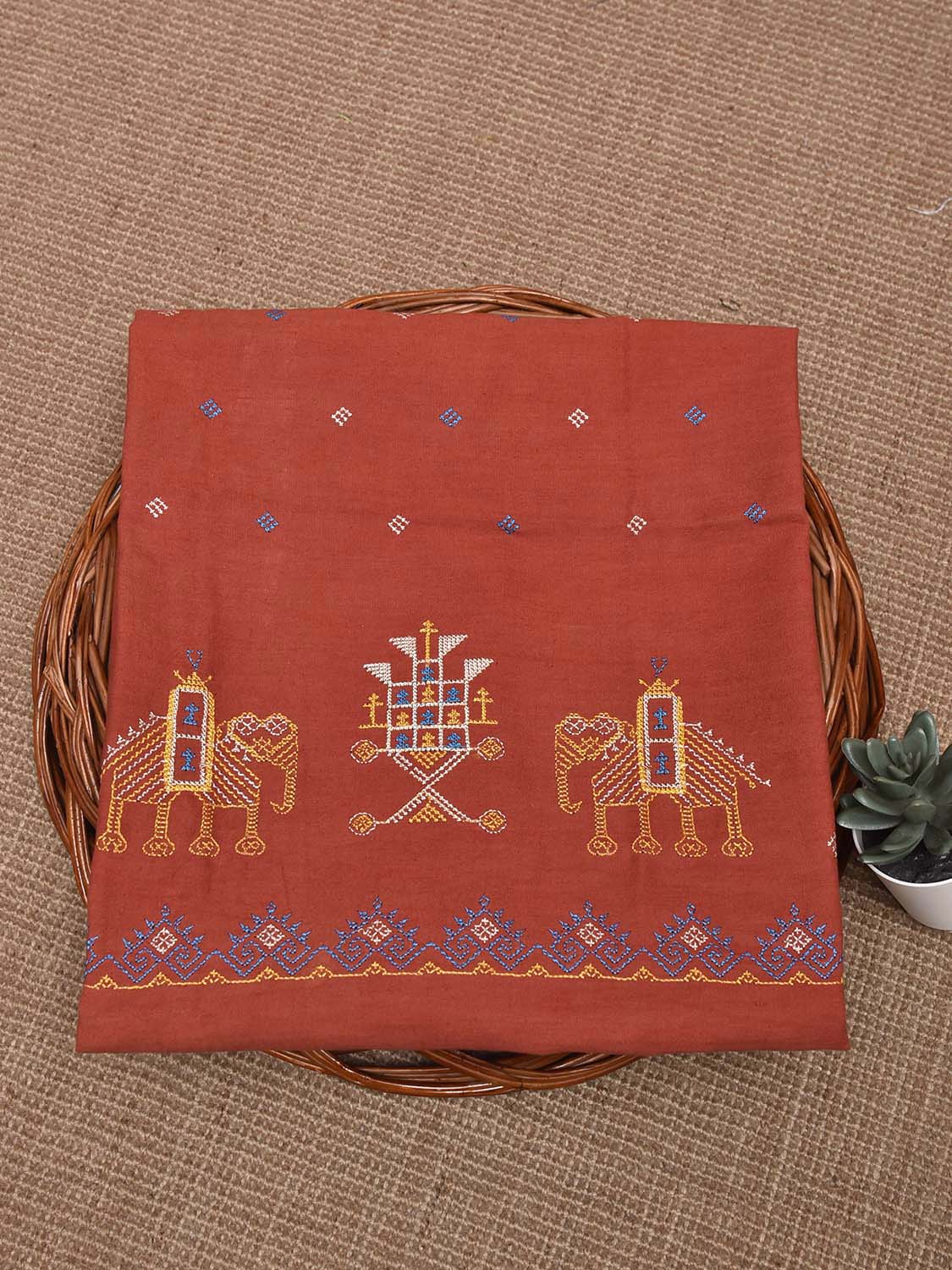 Dark Peach Kasuti Khadi Cotton Blouse with Elephant Design Length 1mt Width 44 Inches BL0159