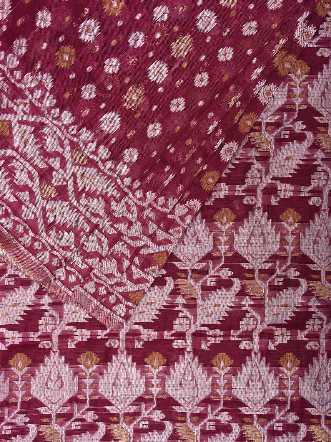 Dark Pink Dhakai Jamdani Cotton Viscose Saree with Pallu and Border Design dj0092