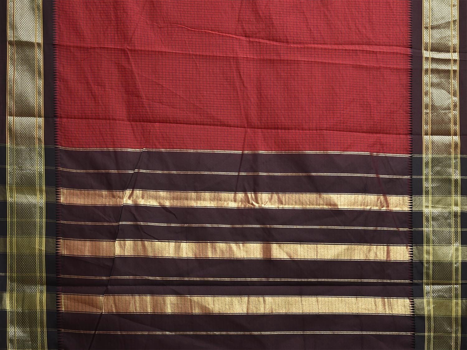 Dark Red and Brown Bamboo Cotton Saree with Checks Design No Blouse bc0804