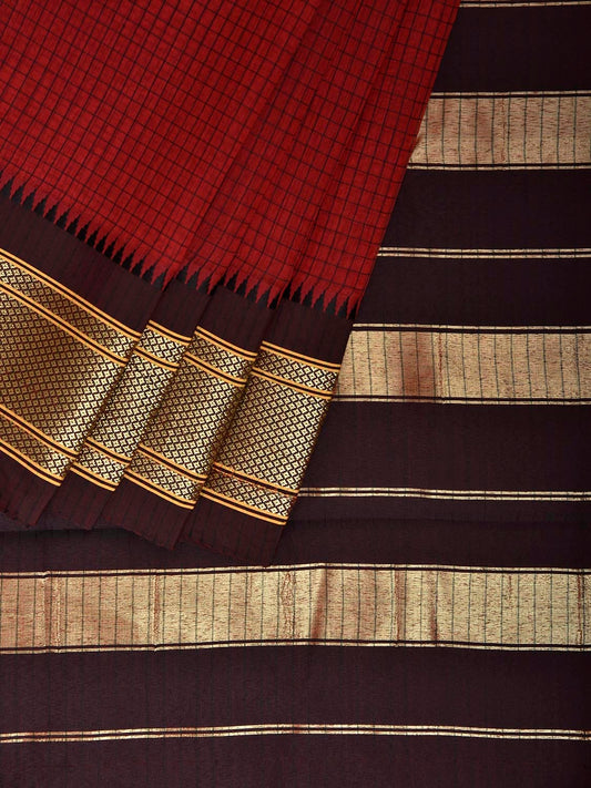 Dark Red and Brown Bamboo Cotton Saree with Checks Design No Blouse bc0804