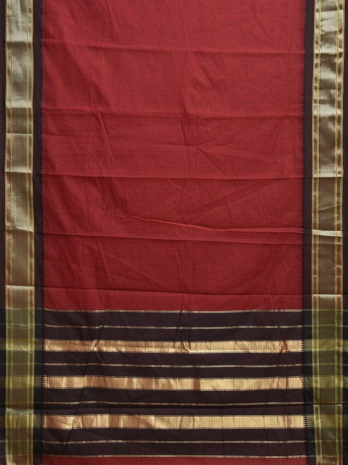Dark Red and Brown Bamboo Cotton Saree with Checks Design No Blouse bc0804