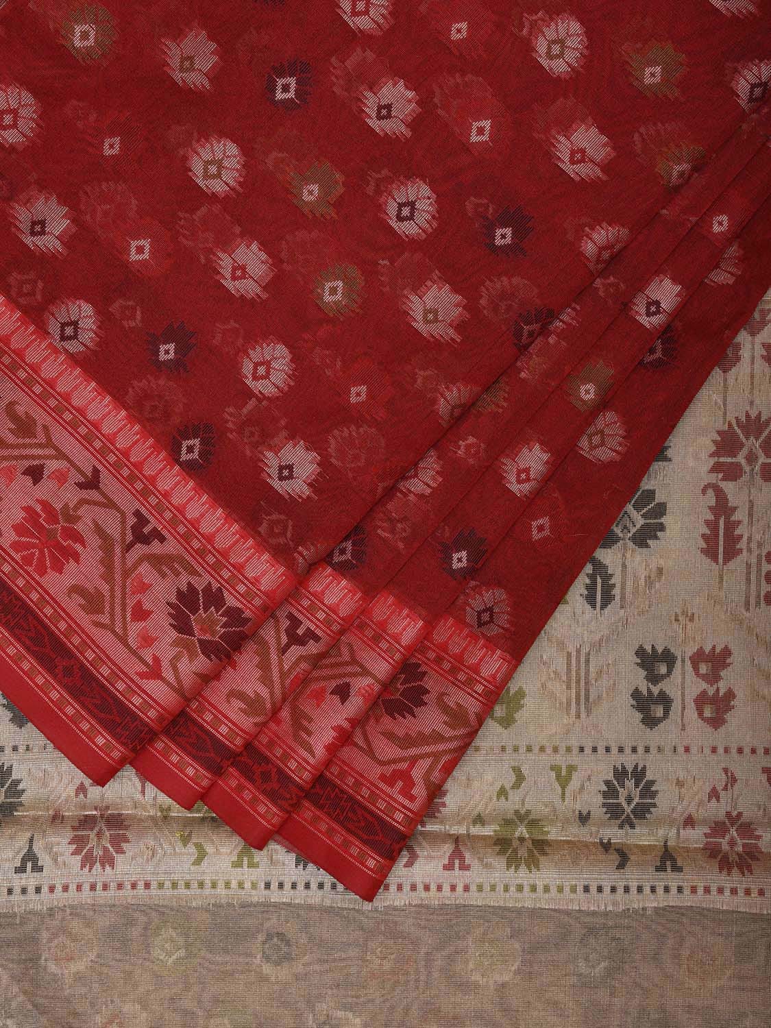 Dark Red and Cream Dhakai Jamdani Cotton Viscose Saree with Buta and Border Design dj0091