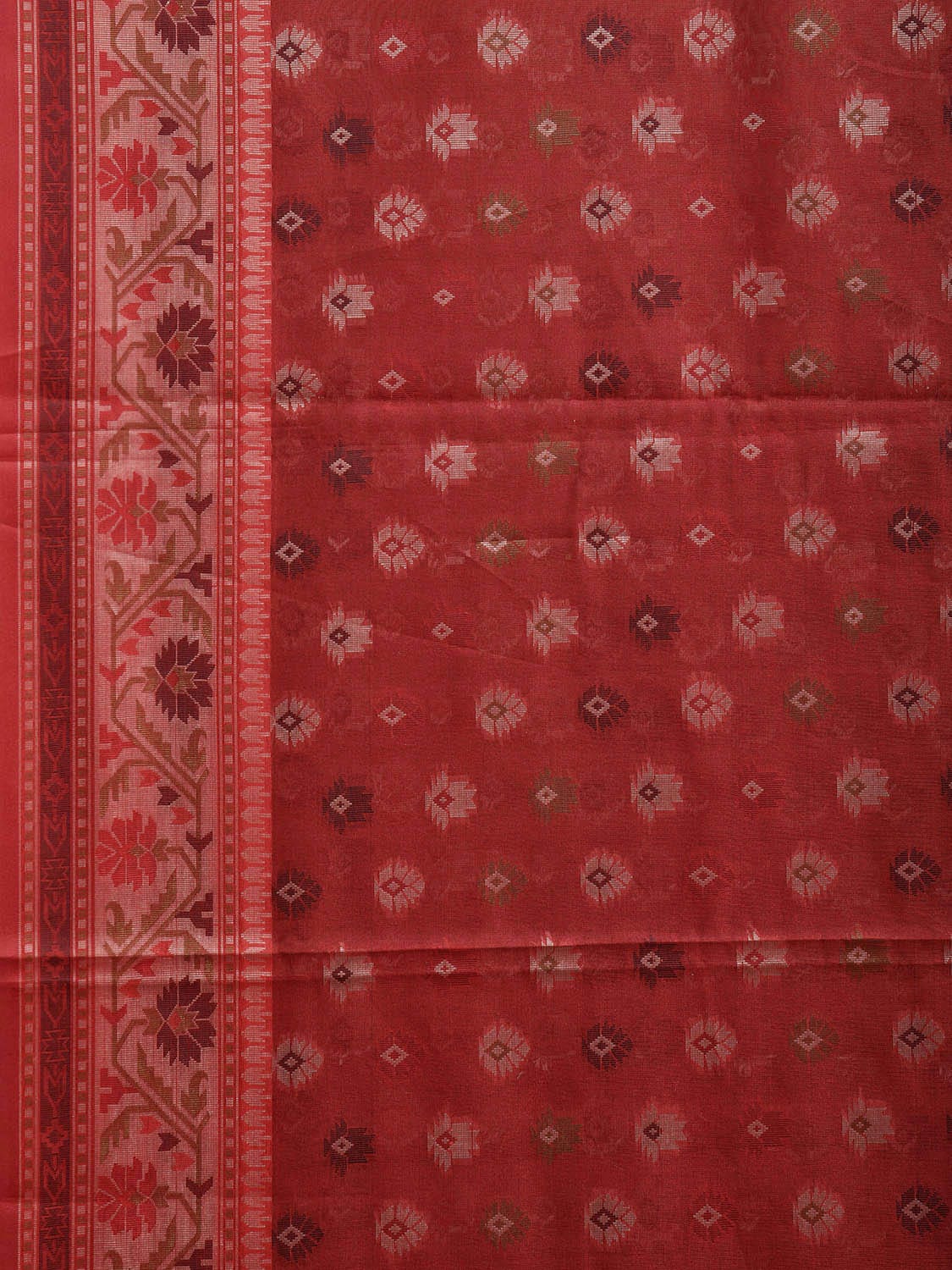 Dark Red and Cream Dhakai Jamdani Cotton Viscose Saree with Buta and Border Design dj0091