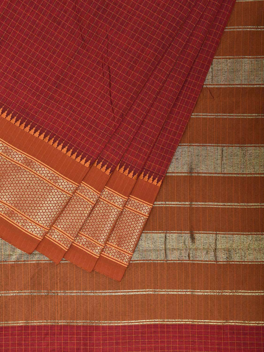 Dark Red and Dark Orange Bamboo Cotton Saree with Checks Design No Blouse bc0753