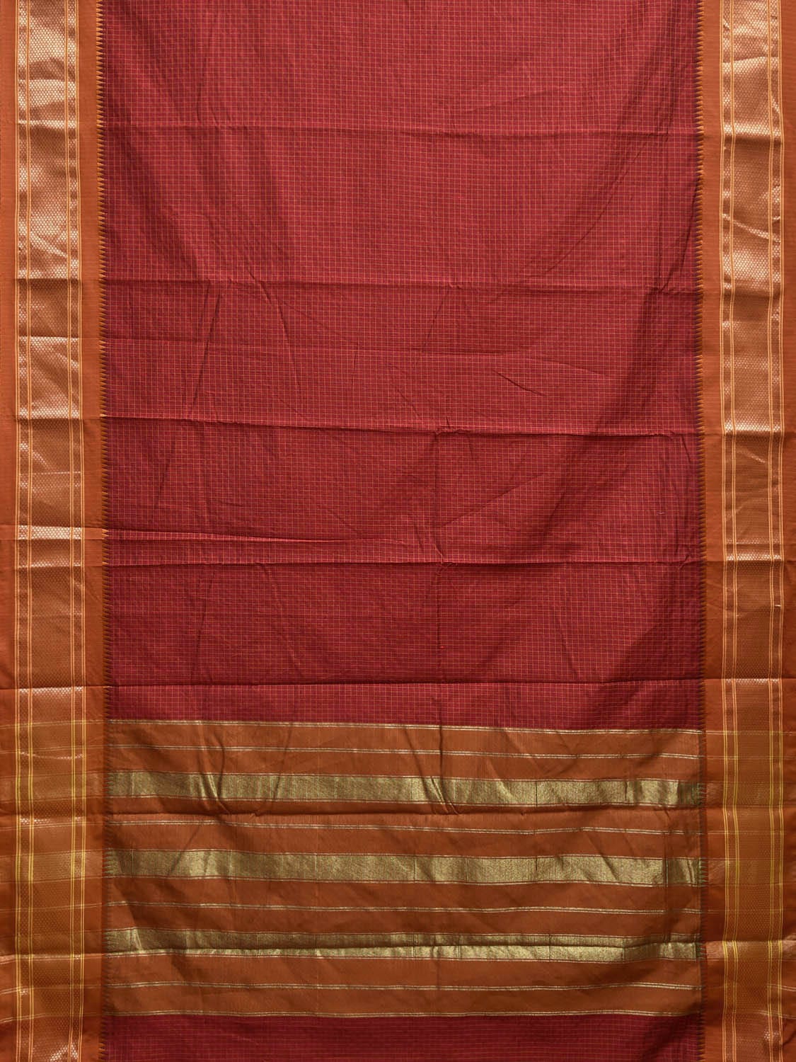 Dark Red and Dark Orange Bamboo Cotton Saree with Checks Design No Blouse bc0753