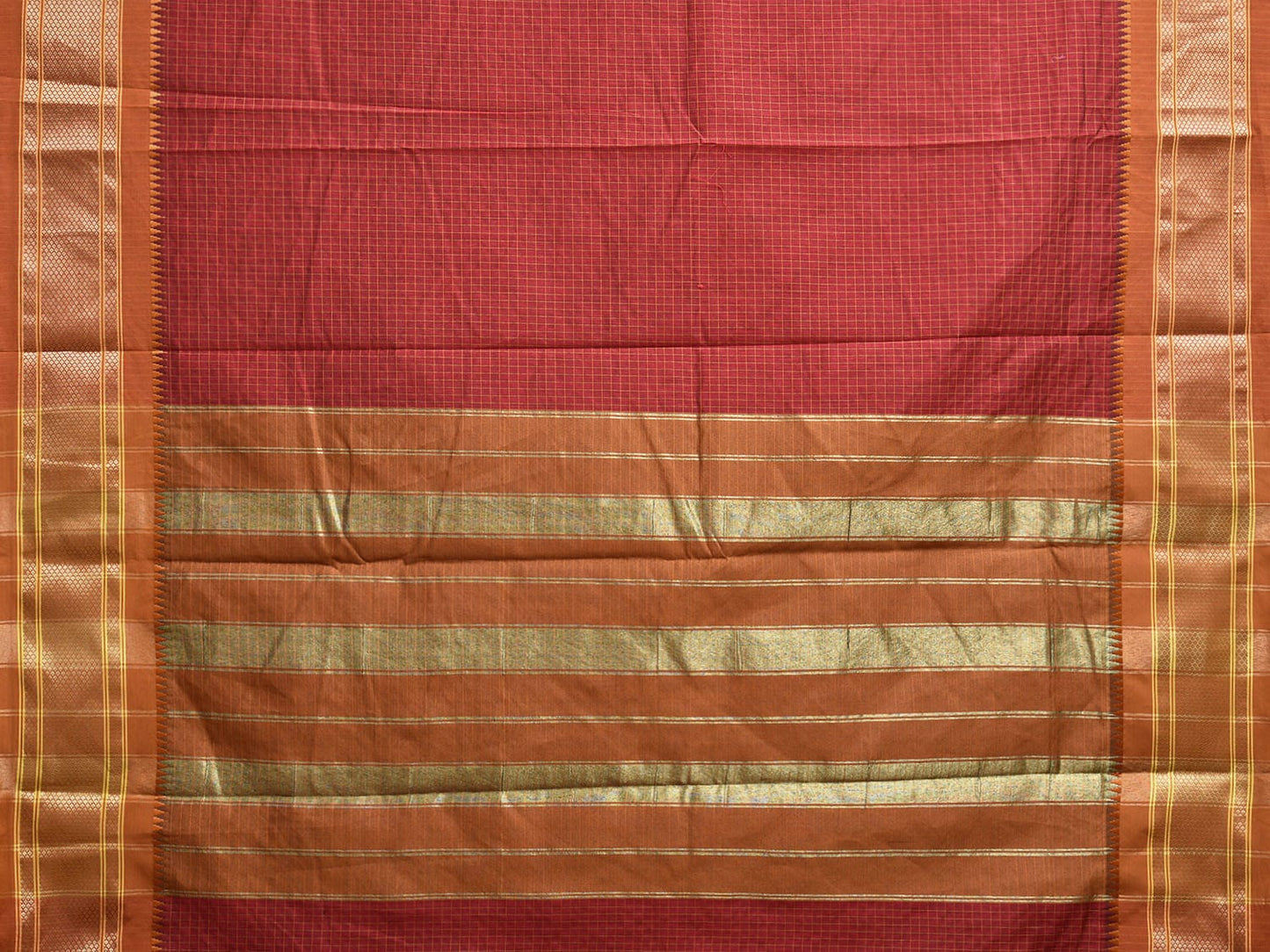 Dark Red and Dark Orange Bamboo Cotton Saree with Checks Design No Blouse bc0753