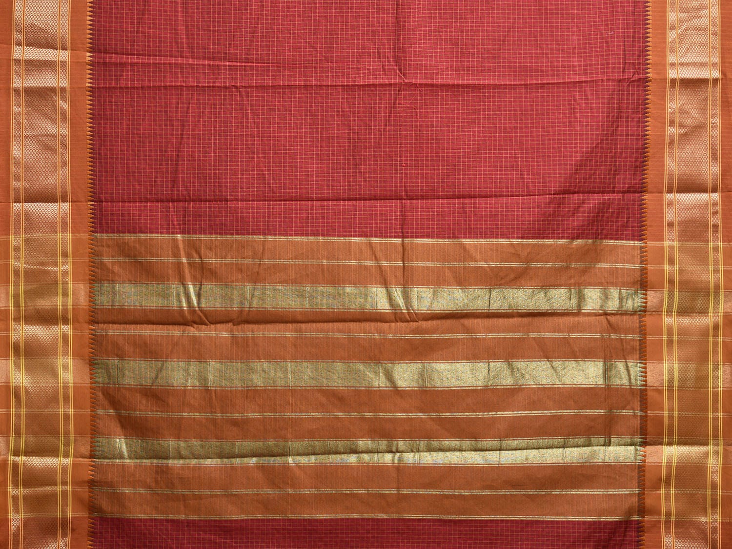 Dark Red and Dark Orange Bamboo Cotton Saree with Checks Design No Blouse bc0753