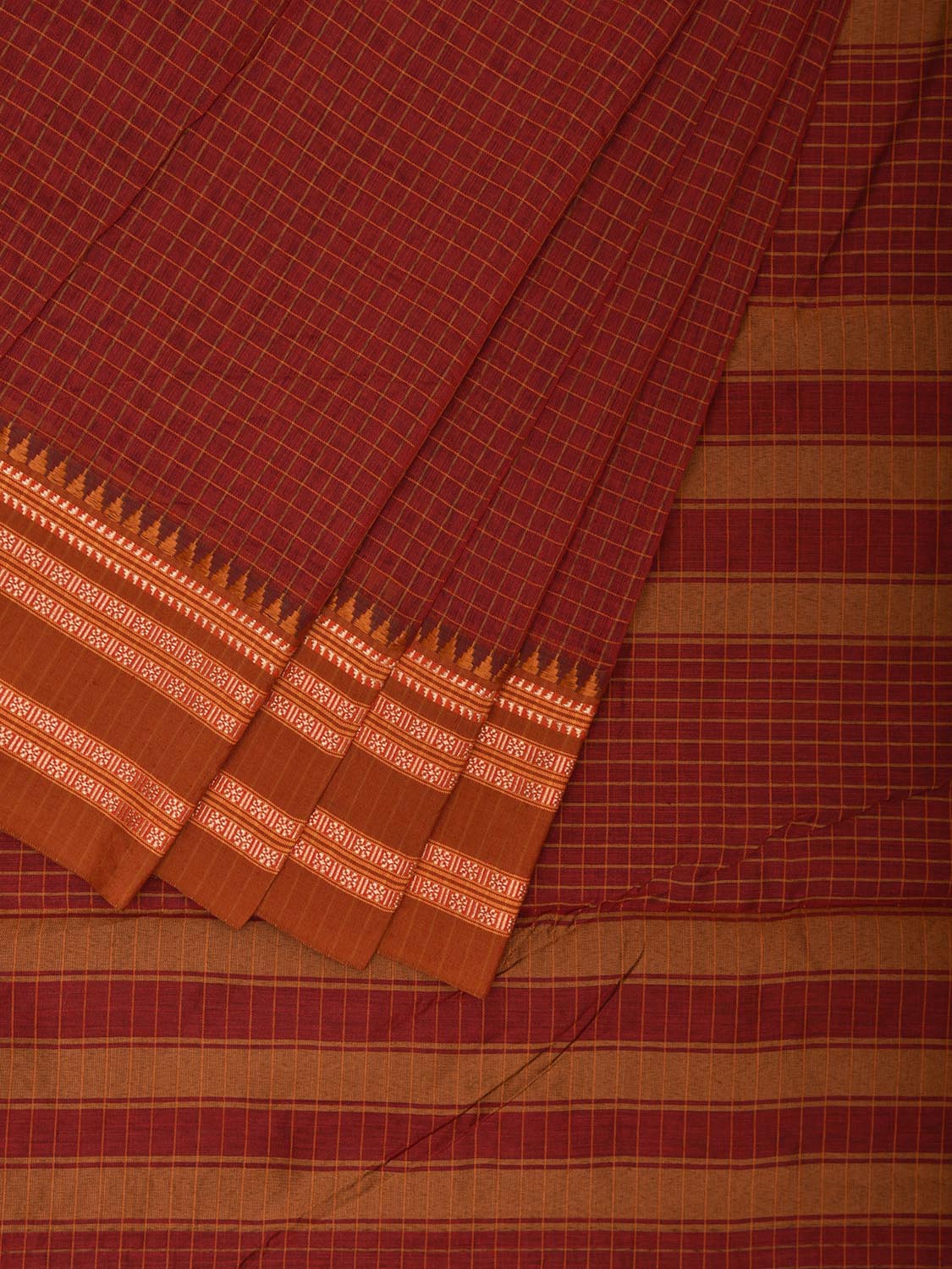 Dark Red and Fawn Bamboo Cotton Saree with Checks Design No Blouse bc0691