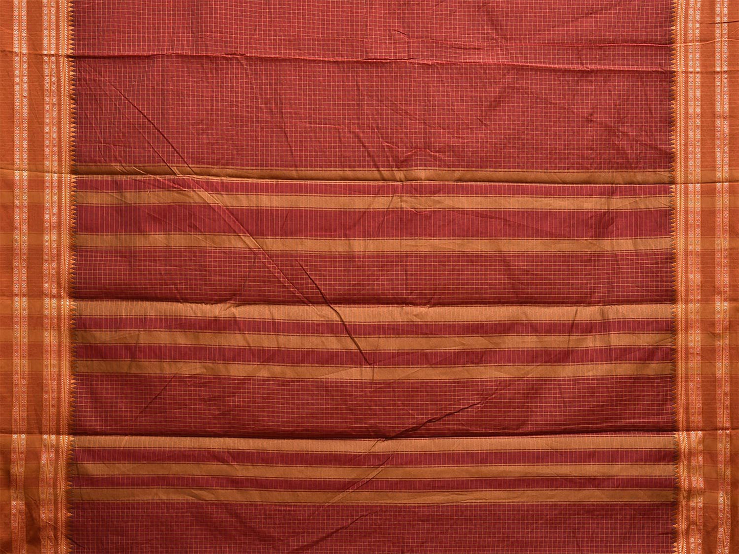 Dark Red and Fawn Bamboo Cotton Saree with Checks Design No Blouse bc0691