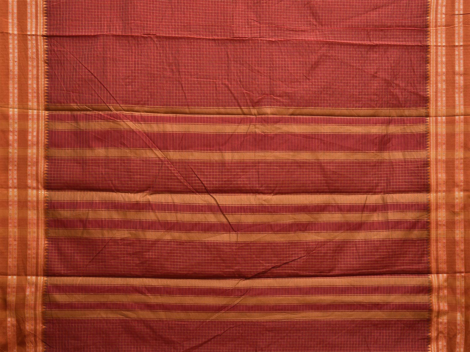 Dark Red and Fawn Bamboo Cotton Saree with Checks Design No Blouse bc0691