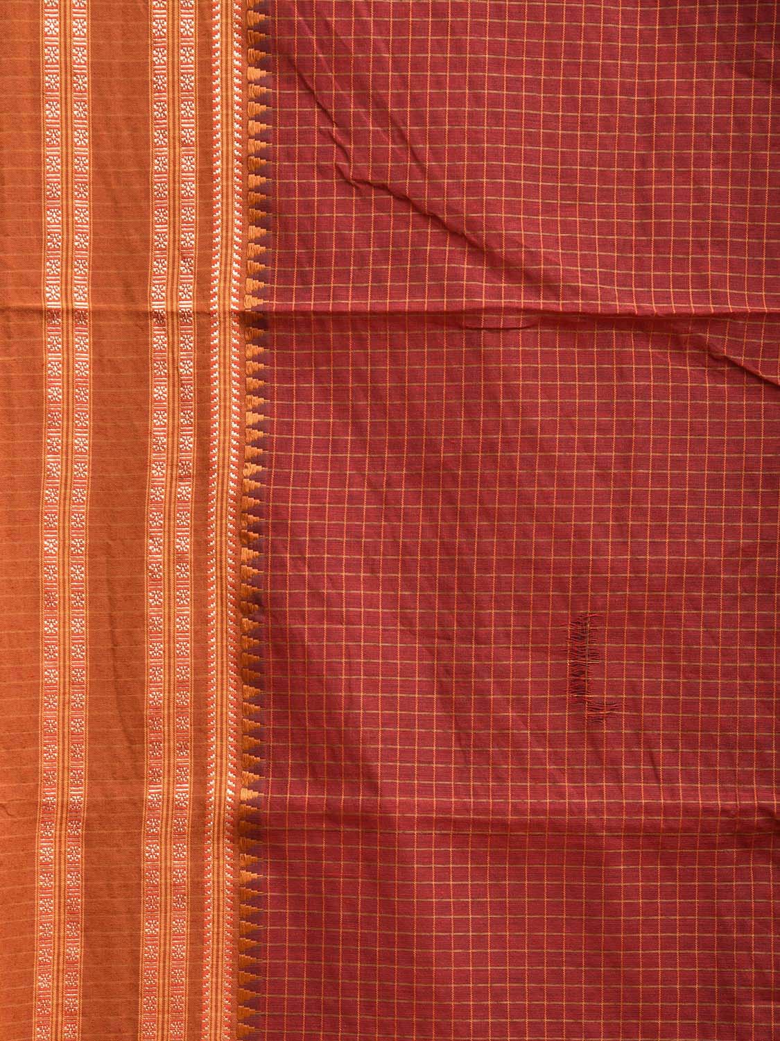 Dark Red and Fawn Bamboo Cotton Saree with Checks Design No Blouse bc0691