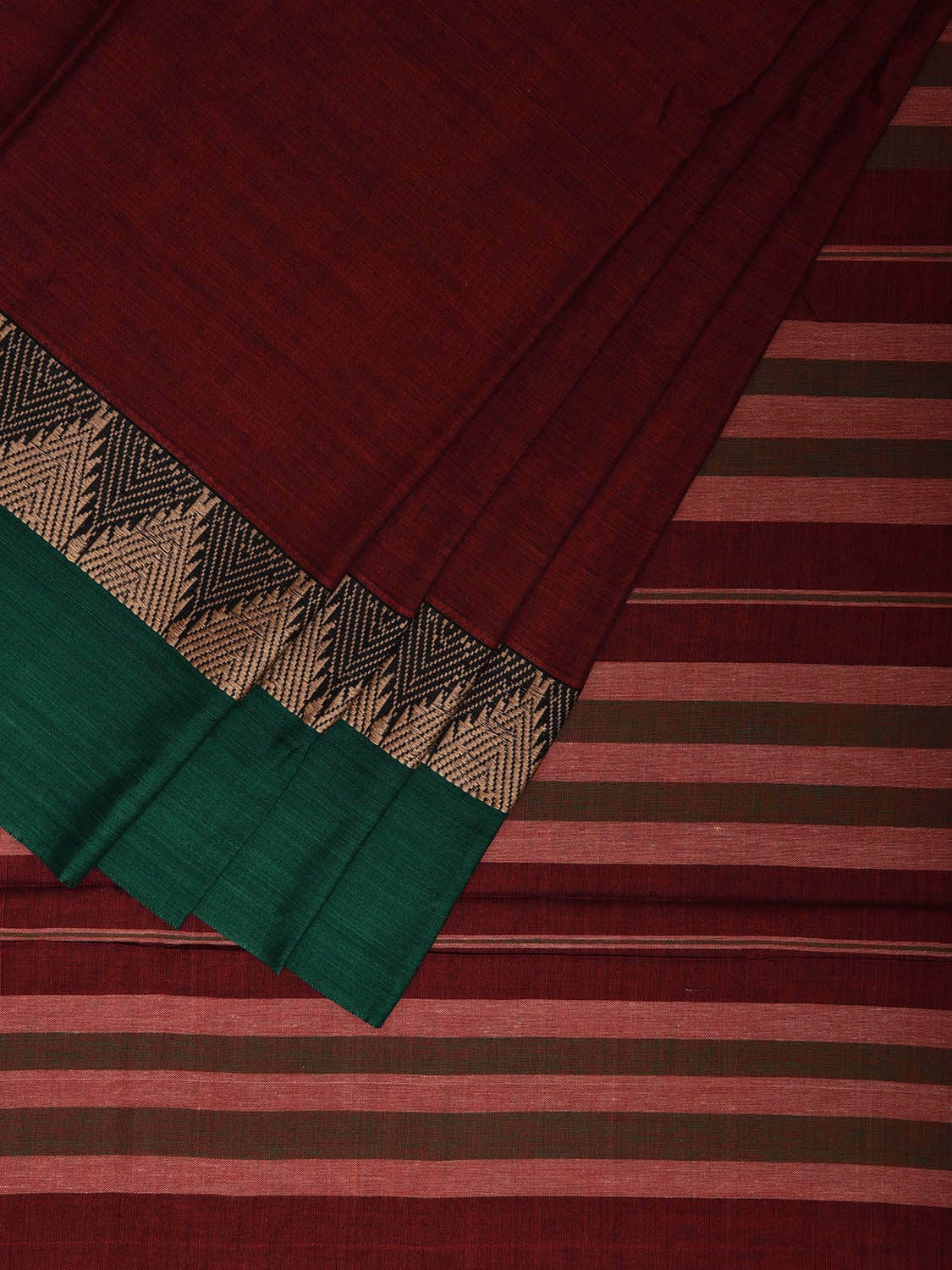 Dark Red and Green Narayanpet Cotton Plain Saree with Strips and Temple Border Design No Blouse np1100
