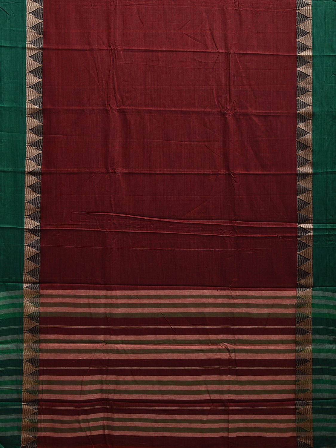 Dark Red and Green Narayanpet Cotton Plain Saree with Strips and Temple Border Design No Blouse np1100
