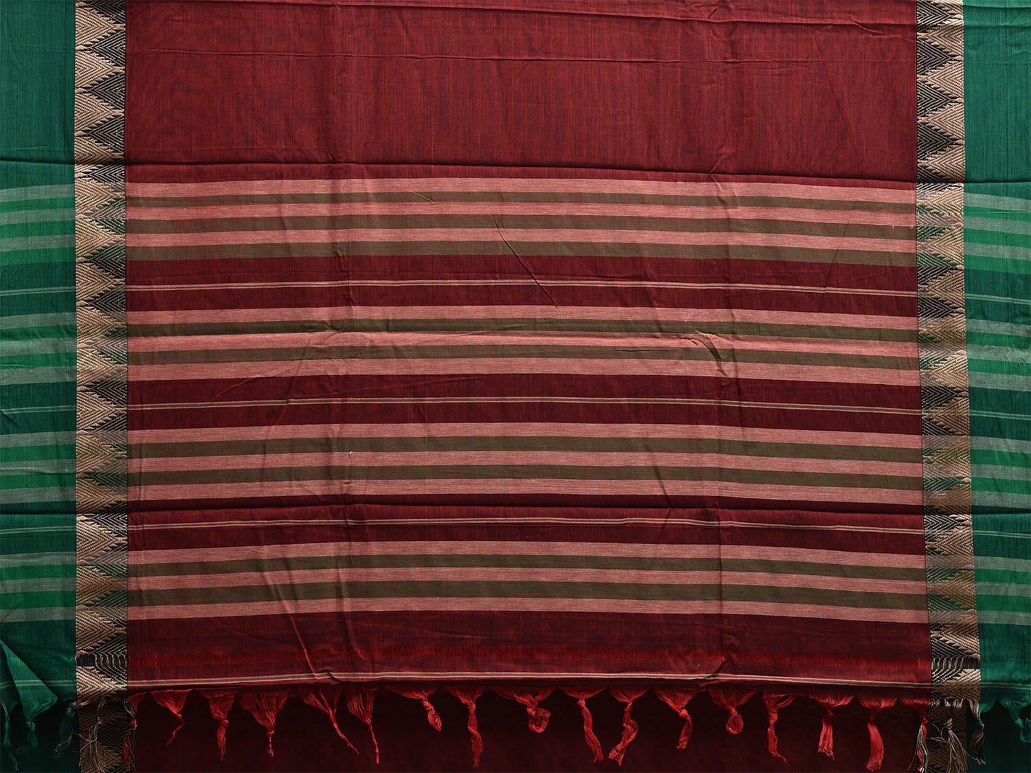 Dark Red and Green Narayanpet Cotton Plain Saree with Strips and Temple Border Design No Blouse np1100