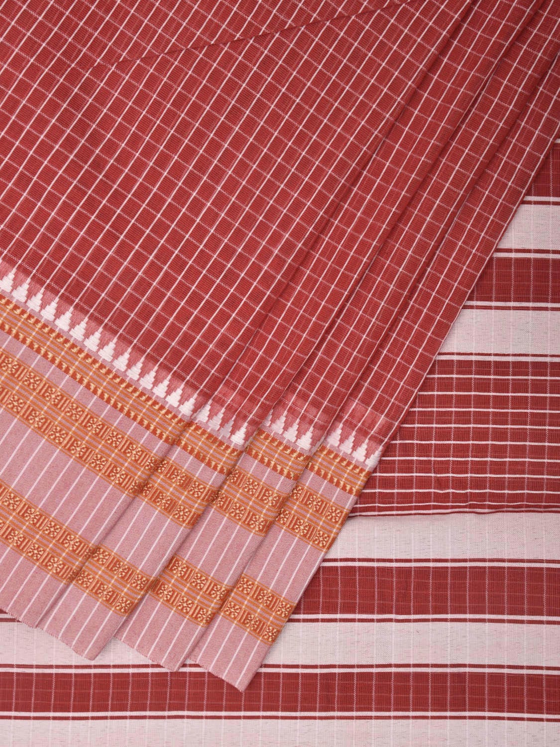 Dark Red and White Bamboo Cotton Saree with Checks Design No Blouse bc0389