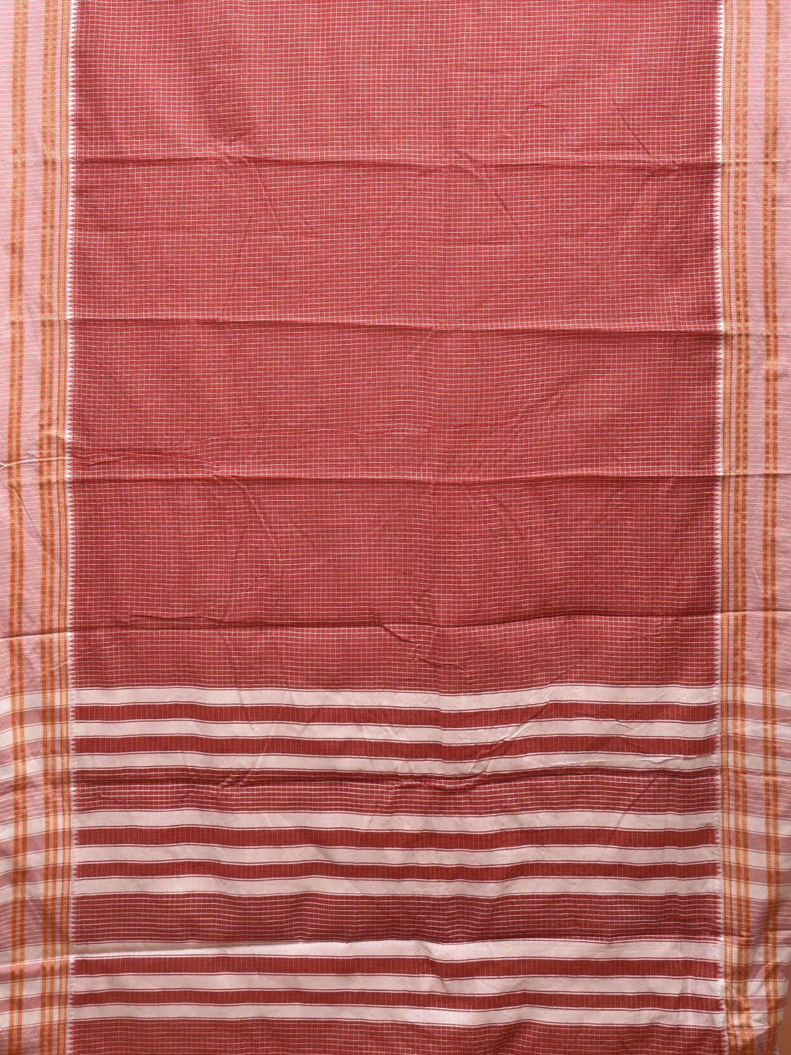 Dark Red and White Bamboo Cotton Saree with Checks Design No Blouse bc0389