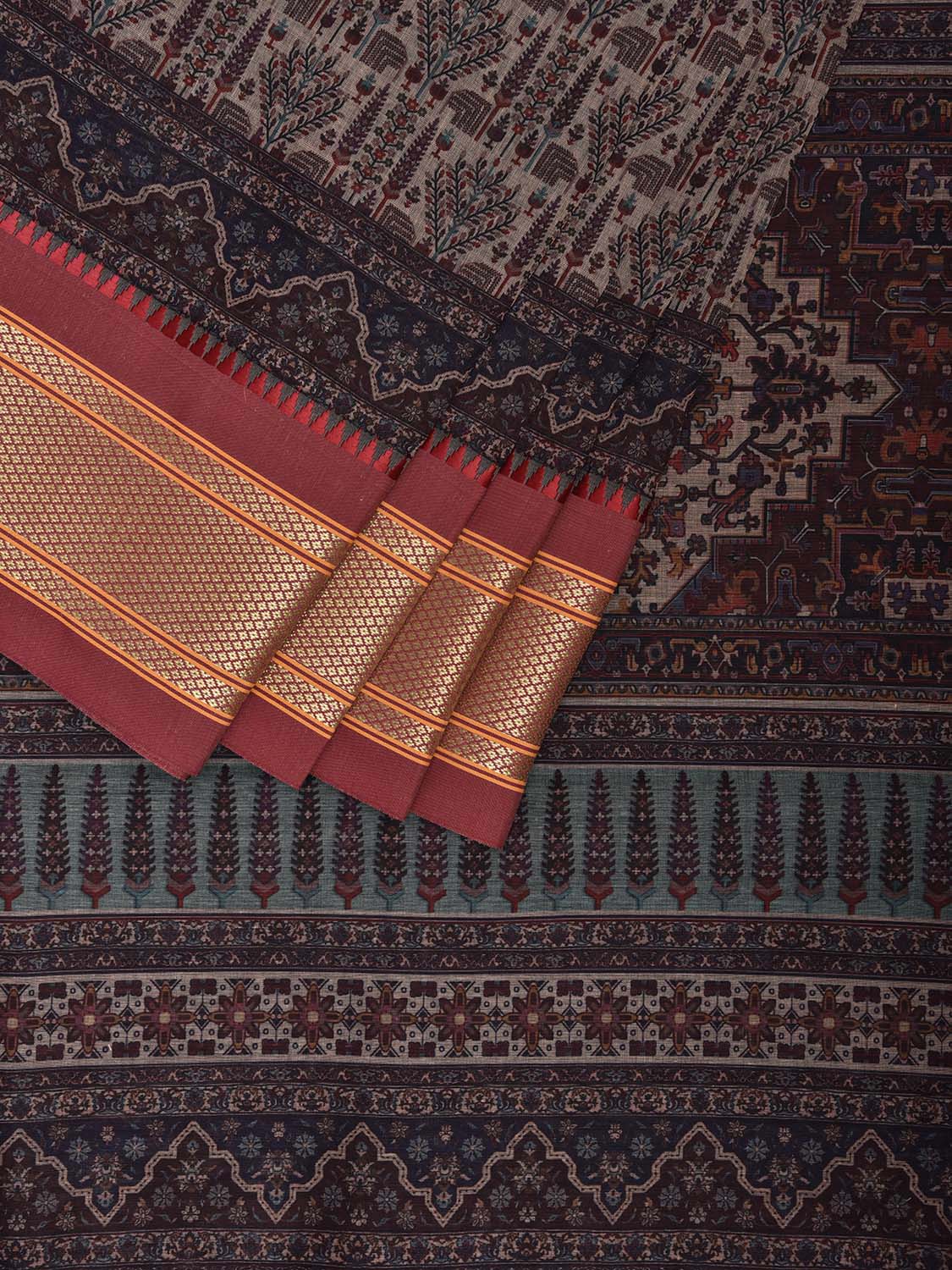 Dark Red Bamboo Cotton Saree with All Over Digital Print Design bc0790