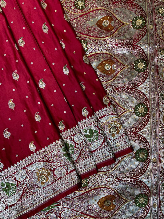 Dark Red Banaras Katan Silk Saree with Body Butti and Stone Work Design b0394ds