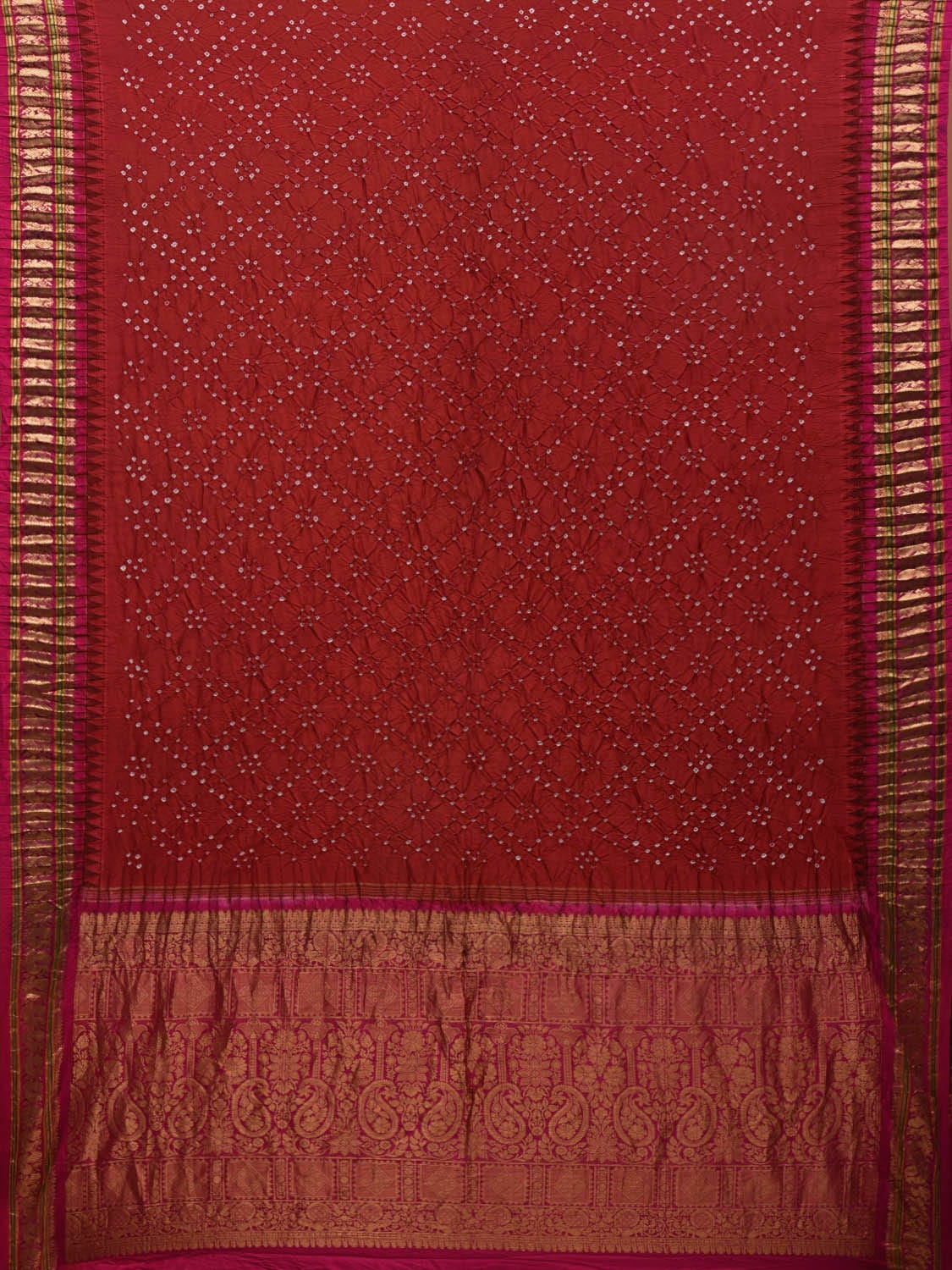 Dark Red Bandhani Kanchipuram Silk Handloom Saree with Border and Pallu Design bn0348