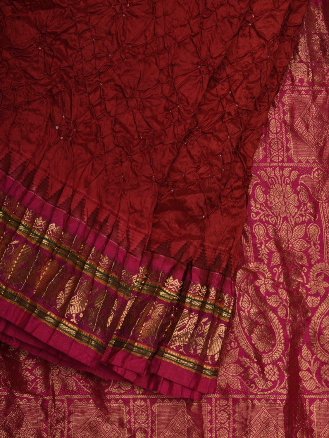Dark Red Bandhani Kanchipuram Silk Handloom Saree with Border and Pallu Design bn0348