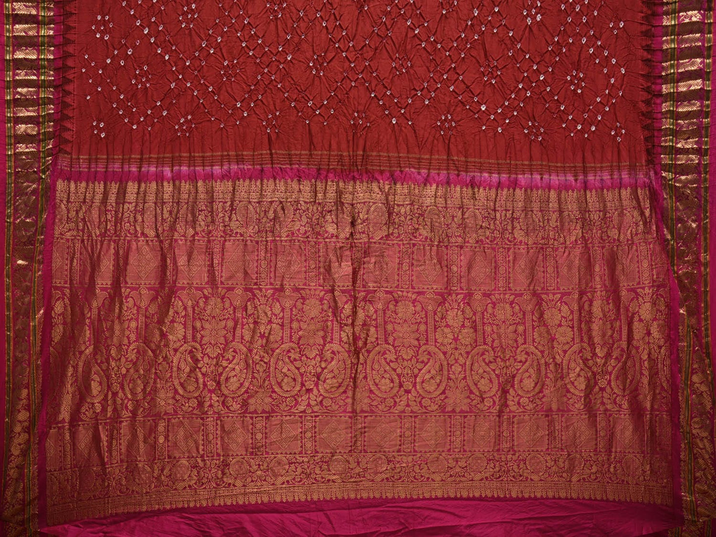 Dark Red Bandhani Kanchipuram Silk Handloom Saree with Border and Pallu Design bn0348
